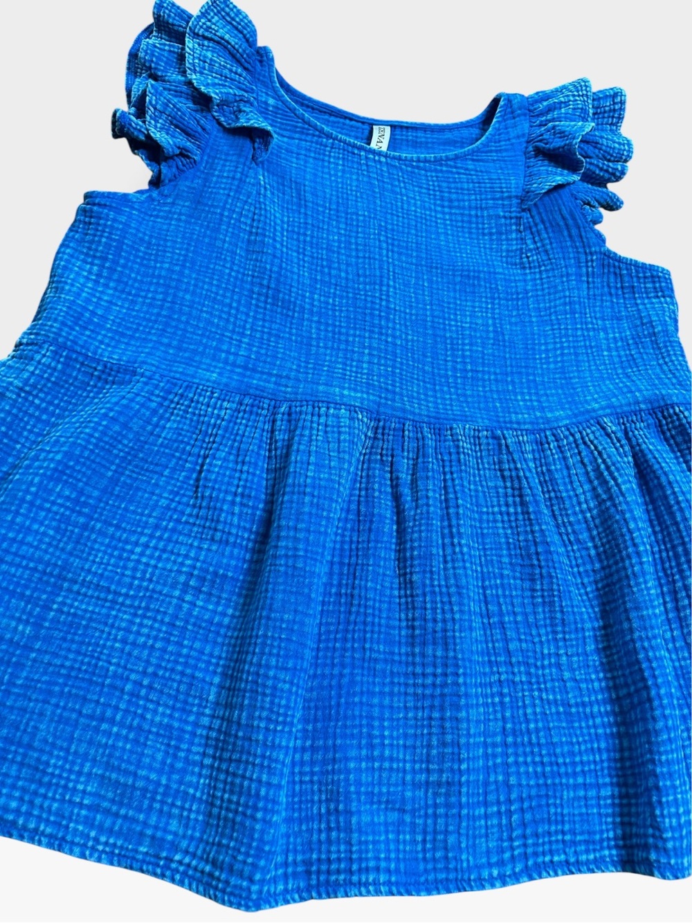 Zenana Double Gauze Cotton Ruffle Sleeve Babydoll Top Blue Sz Small